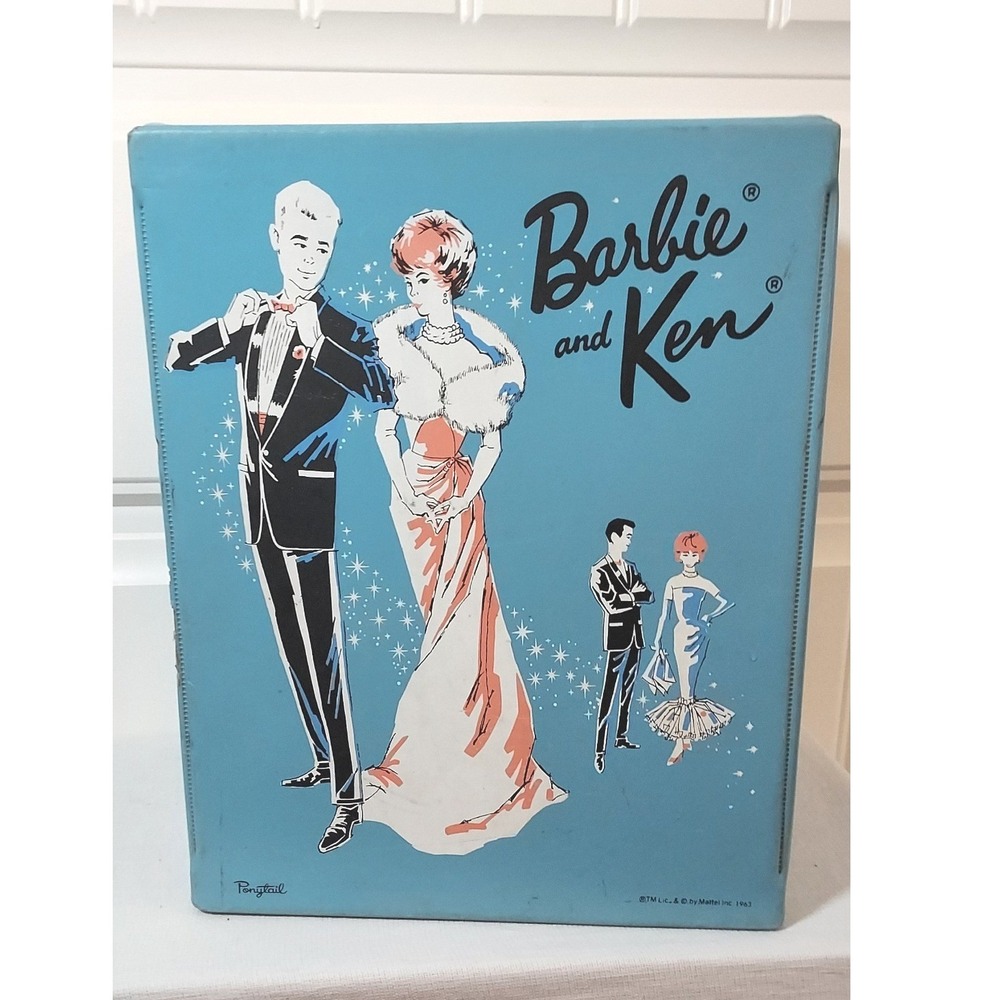 Mattel Barbie and Ken Doll Case 1963 Blue Vintage Vinyl Trunk Storage Box Hanger